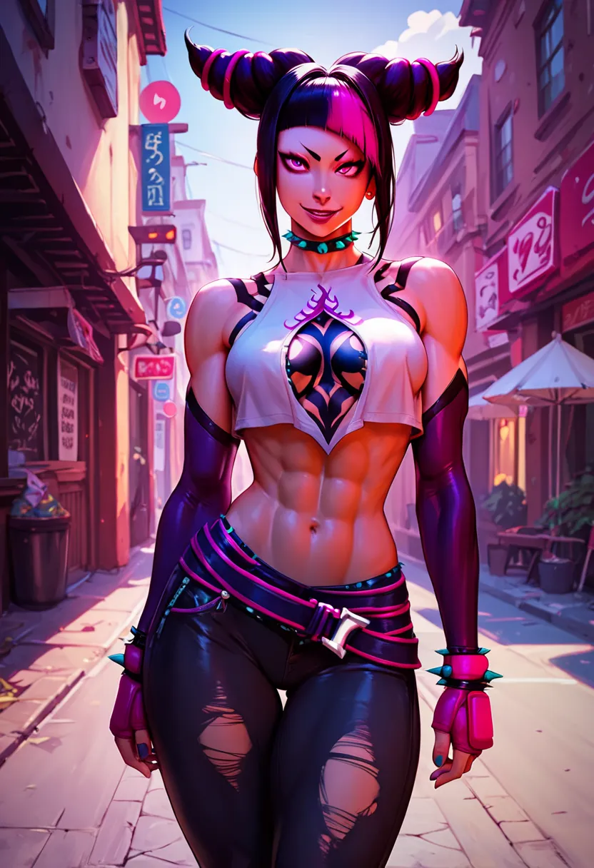 score_9, score_8_up, score_8_up, 1girl, solo, juri han, (streetfighter), walking down the neon street, wearing a a pink and whit...