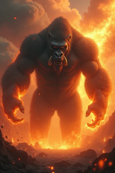 A picture of a giant wild pig combined with a giant gorilla burning on fire to become one legendary scary creature  