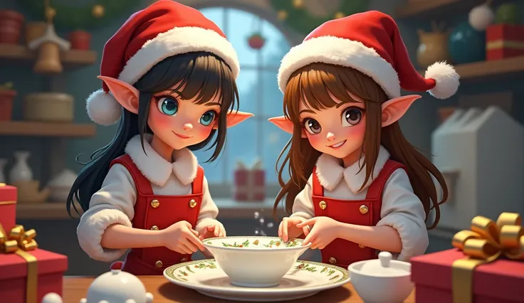 Deux lutins (female ) du père noël dans un atelier qui emballent de la vaisselle en porcelaine dans des boîtes cadeaux.  One imp has dark brown hair and bangs with blue eyes, The other has brown hair and brown eyes .