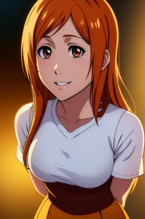 1girl, solo, inoue orihime, long orange hair, detailed brown eyes, beautiful detailed lips, extremely detailed face, longeyelashes, pink t shirt, short sleeves, red rah-rah skirt, smiling, night town background, standing, looking at viewer, (best quality,4...