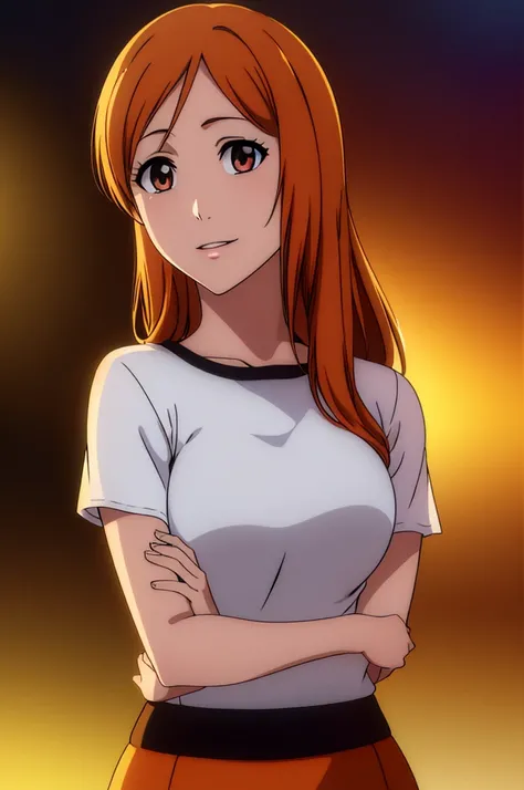 1girl, solo, inoue orihime, long orange hair, detailed brown eyes, beautiful detailed lips, extremely detailed face, longeyelashes, pink t shirt, short sleeves, red rah-rah skirt, smiling, night town background, standing, looking at viewer, (best quality,4...