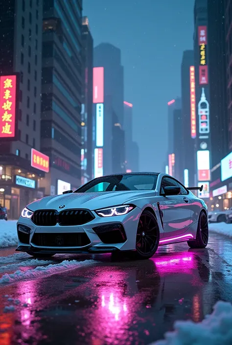 bmw m8 competiton white with neon lights under it, night in the city in winter, snowing