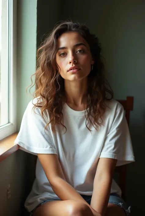 Perfect lighting, leica summicron 35mm f2.0, kodak portra 400, film grain, a beautiful Brazilian girl, loose curly hair, oversized white crew neckline short-sleeve T-shirt, sitting cross-legged on a chair by the window, Taken from a front angle.