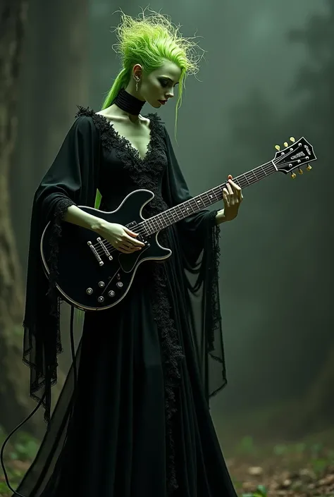 An image of a slim female green onion dressed in Gothic robe playing a black guitar 