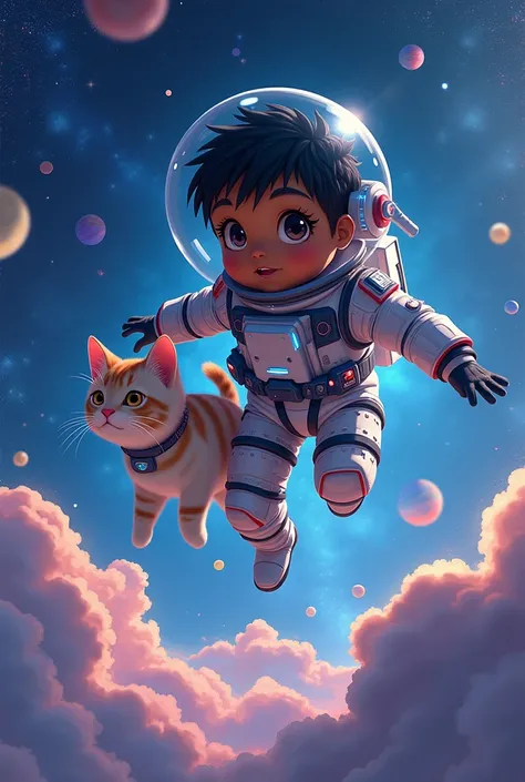 Anime traits Tokyo ghou . Menino pele marrom 🟤 🤎 índio de cabelo preto liso com roupa de astronauta voando no universo com um gato
