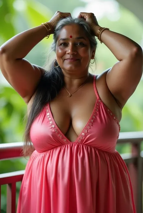 
A close up image of a A 60-year-old, curvy chubby booty South Indian mom with long ponytail grey hair wears a bust revealing low cut bust exposed spaghetti strap pink glowing thigh-high deep cut skater mini bust enhanced satin babydoll WITH STRAPPY white ...