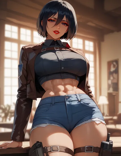  perfect eyes、 perfectly sexy face、ultra detailed、 Mikasa Ackerman、Attack on Titan、shiny hair、( Big breasts ), black shirt、black jacket、Tight Waist、thin waist、 dark blue denim shorts、 Thigh straps 、 glowing skin、 tanned skin 、Beleza、erotic、Red Eyeliner、 re...