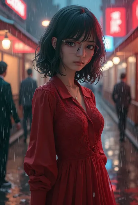 ((Best quality, 8k, lace maxi dress, standing in the rain, red light district, highly detailed face and skin texture, detailed eyes, double eyelids.)、Glasses、 fighting pose、 red shirt,Green school blazer uniform、Christmas Scenery、snow