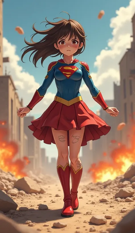 Cute Japanese、 Supergirl Needs           。     Costume heavily damaged     、I was injured、       袖付き live-action          、 brown hair、masterpiece、beautiful girls、beautiful Eyes、Narrow eyes、      Eyes Swollen      、A Shining Place、  最     High Quality  、超 ...