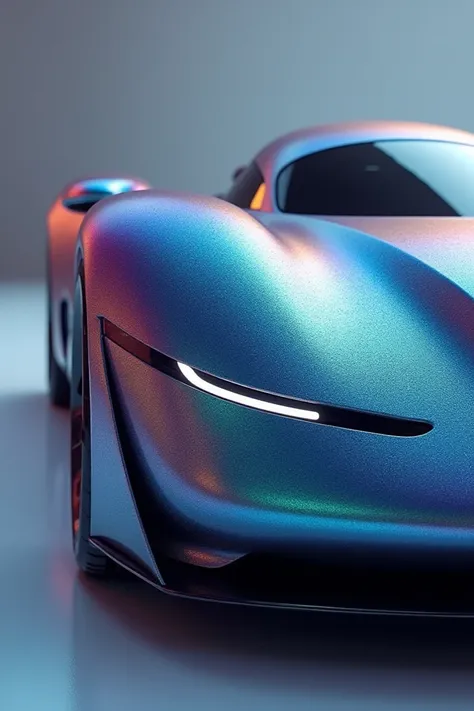 Create a close-up image of a futuristic car using nano painting technology. The cars surface should have an iridescent, ultra-smooth finish that changes colors subtly depending on the light, with vibrant hues like deep blues, purples, and metallic silver. ...