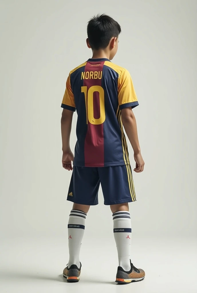 Write the name NORBU on the back of the messi soccer uniform.he stand.helf photo 