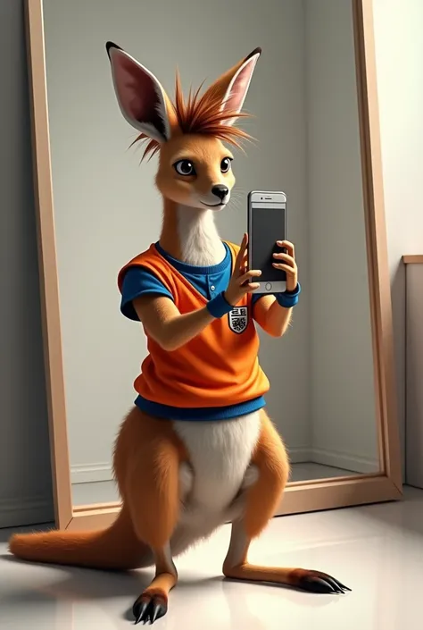 Kangaroo taking a selfie photo in the mirror with Gokus realistic shirt and hair 