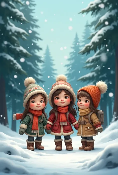 three medium-sized girls in a forest wearing winter clothes 