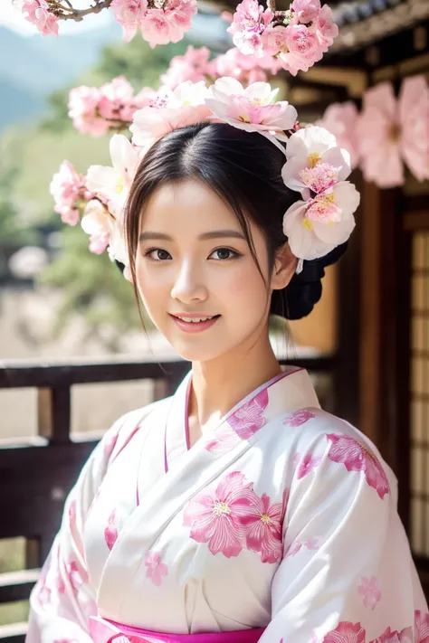 (Highest quality, 8k, masterpiece: 1.3), (white perfect kimono wear, with pink flowes: 1.2),standing on Japanese Verandh:1.4, Long black hair: 1.1, (Sunny, Kyoto: 1.3), a Highly detailed face and skin texture:1.1, Beautiful eyes, Double eyelids, White skin...