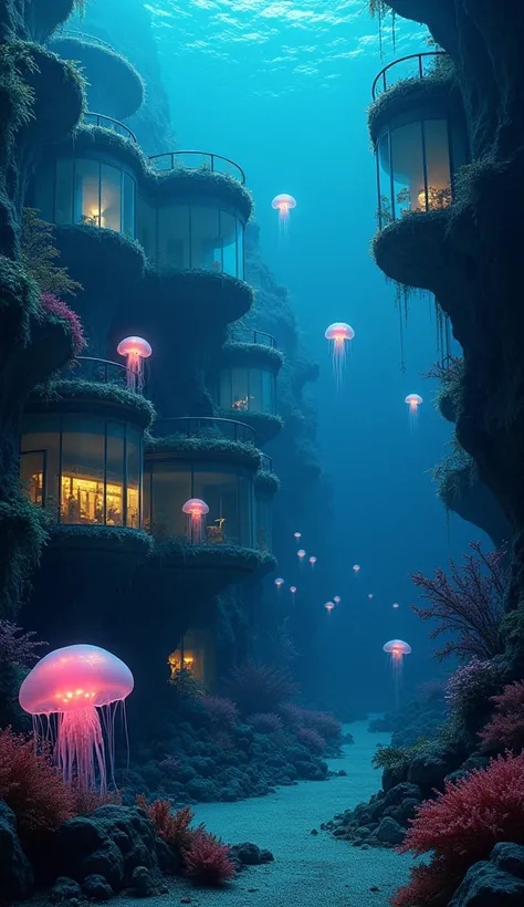 A realistic underwater scene of an underwater city in the darkness of midnight, with no light and only the light of jellyfish. The retro-style building is covered in marine flora and has round glass structures that subtly reflect the light of jellyfish. Je...