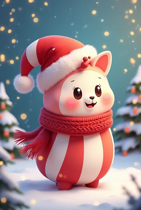 Create a mascot that is a round candy cane that has a scarf 
a Christmas hat that is in the style of adopt me