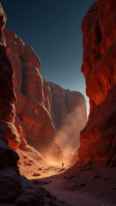 A rugged, ancient landscape of the Kimberley Plateau in Australia, with towering red rocks and deep gorges under a dark, starry sky. The rocks are etched with ancient indigenous rock art, faintly illuminated by warm, amber light. Shadows cast a mysterious ...