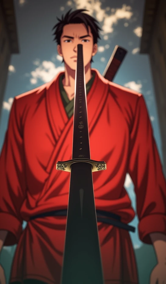 an anime illustration. POV view of a swordsman facing the viewer, pointing a long katana at the viewer. camera is shot from a low angle, dutch angle, with bokeh effect focusing on the bright reflection of the blade, the swordsman can be seen blurry at the ...