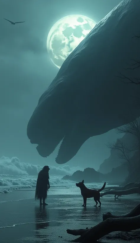 Here’s an enhanced prompt for a scene where a whale and a dog face each other:

On a desolate, misty beach under a dim, cloud-covered moon, a colossal whale and a lone dog stand face-to-face, locked in an eerie, primal standoff. The whale, half-emerged fro...