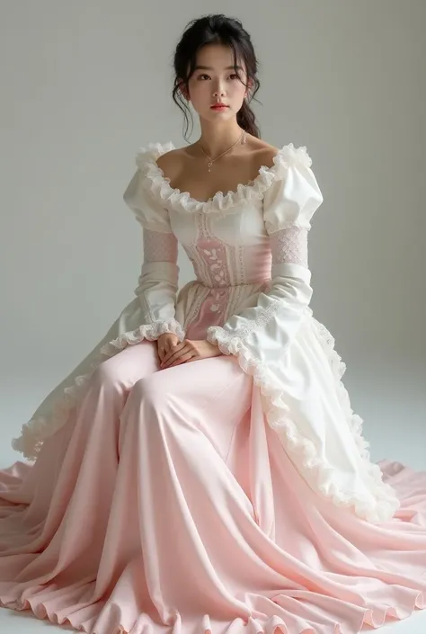 A Korean man in ladies vintage suit dress, he is crossdresser, body like a woman, slender female body, white and pink, Rich lace and frills, long sleeves, long skirt, tweed, sit quietly