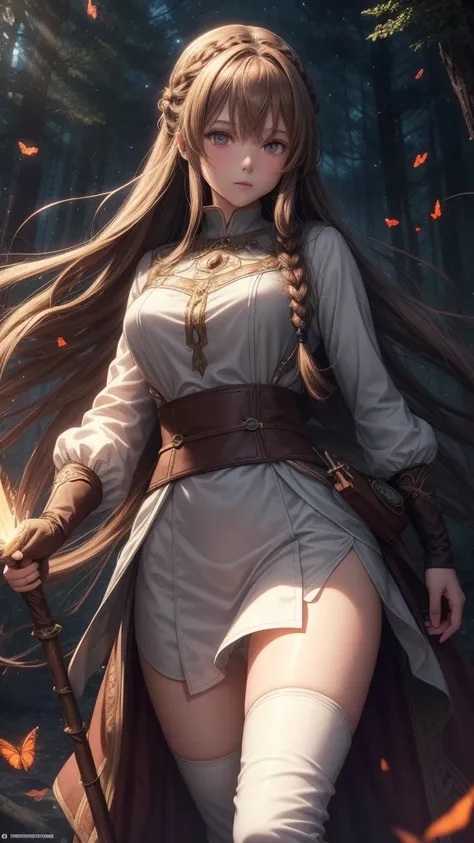 A stunning HD (High Definition) illustration of a brown-haired mage anime girl with long hair, with a braid on one side. She has brown eyes and wears a blue mages veil on her head. She is dressed in a long-sleeve white medieval-style shirt, brown pants, an...