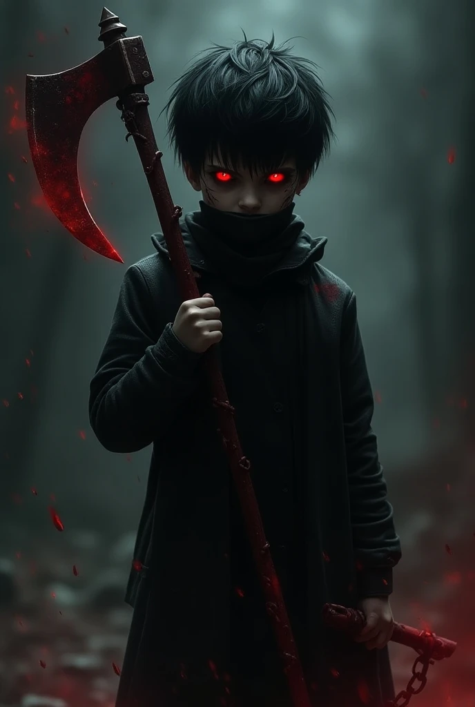 blood, 1 boy, male_focus, mask, solo, axe, chain, weapon, scythe, red_eyes, black_hair, black_clothes, blood_clothes, shine, shining_eyes