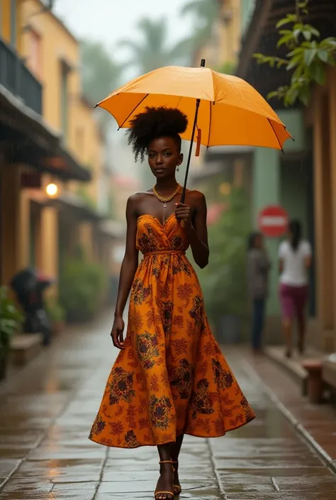 cinématique image dune jeune femme africaine avec beau teint noir, de beau yeaux, et de jolies tresses africaines marchant dans les rues dune magnifique ville africaine. Elle porte une magnifique robe en wax qui lui vient jusquau genou et des talons haut. ...