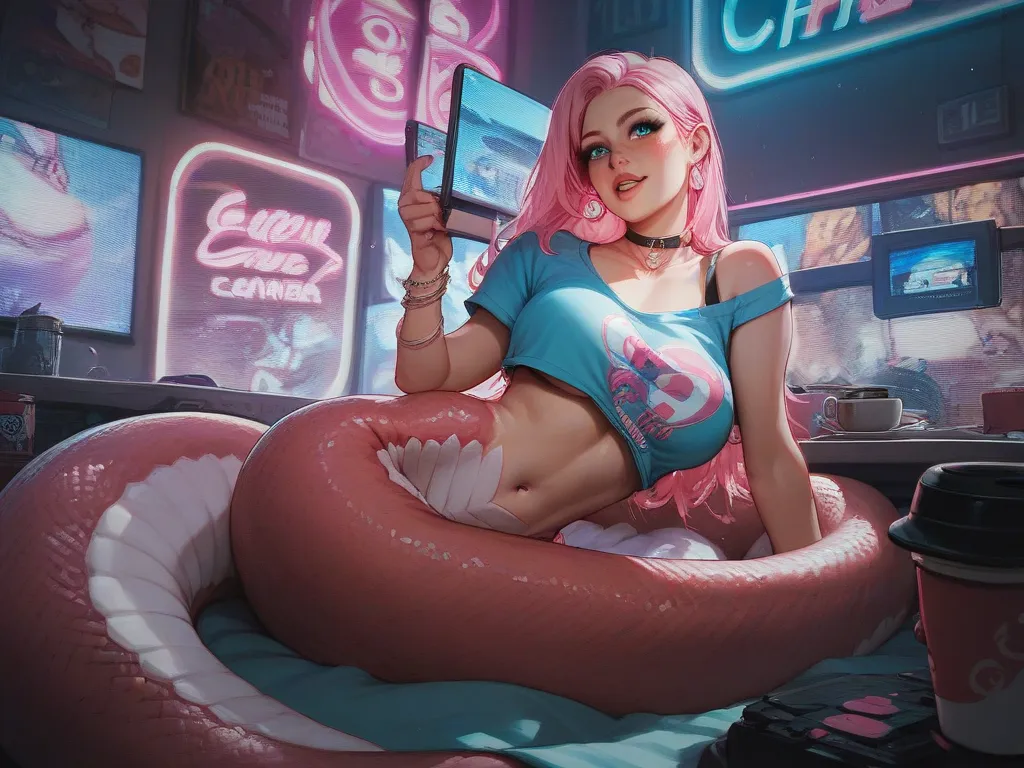 female lamia, gaming setup, neon lights. coffee. pink, cyan