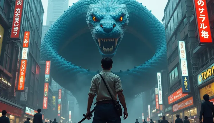 Man standing in Tokyo with blood and sword in his hands Big blue snake standing behind in anger