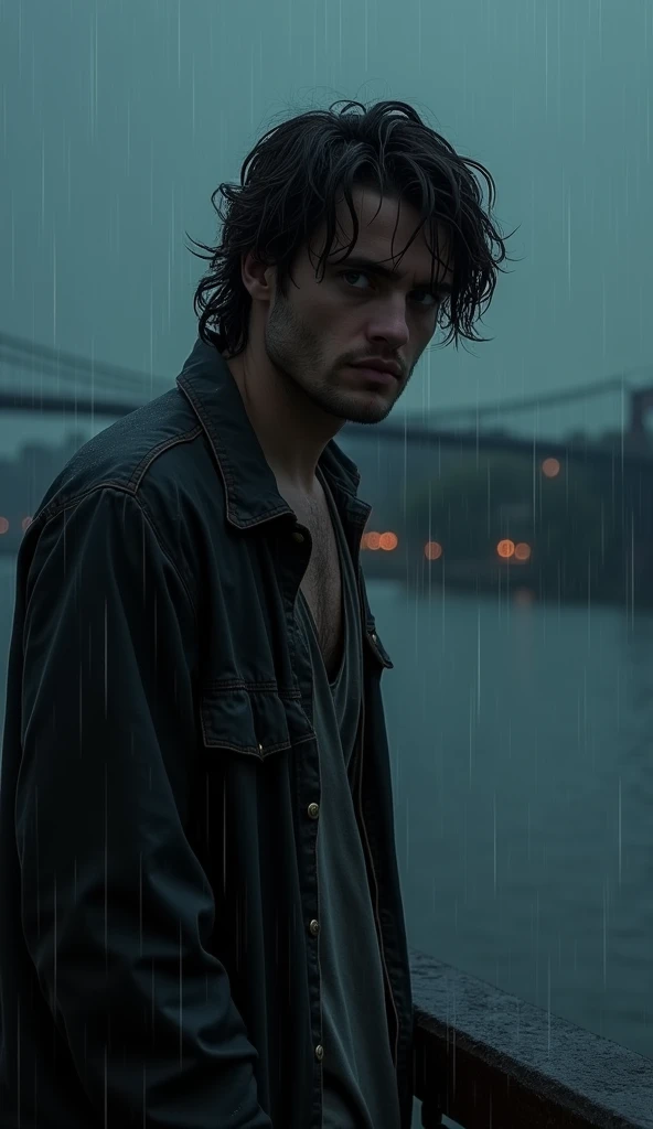 "Lucas, a man around 35 with medium-length wavy dark brown hair and a light stubble, stands on the bridge in heavy rain. He wears a worn, dark jacket over a slightly unbuttoned shirt, showing a casual, unkempt appearance. His expression is one of deep pain...