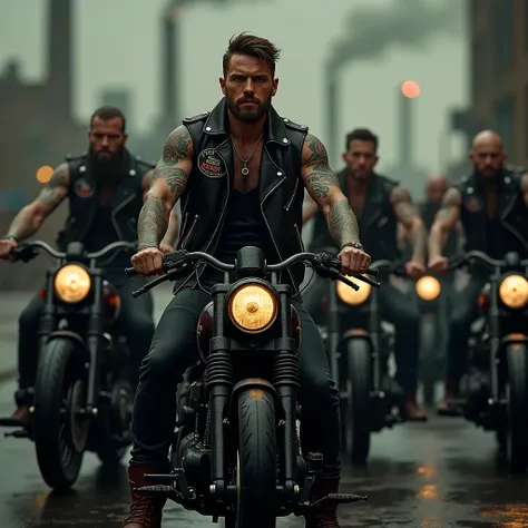 a group of american bikers, biker gang, detailed tattoos, leather jackets, motorcycles, gritty industrial background, moody lighting, cinematic composition, hyper realistic, dark and edgy, dramatic colors