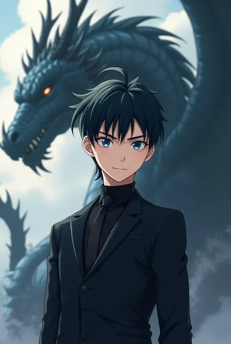 Lucky the most good prince of king dragon blue eye white great the most young human age s  japan anime version wear mafia suite colour black two block hair colour black behind have smart white giant elegant king of dragon animal version stand
No yellow fee...