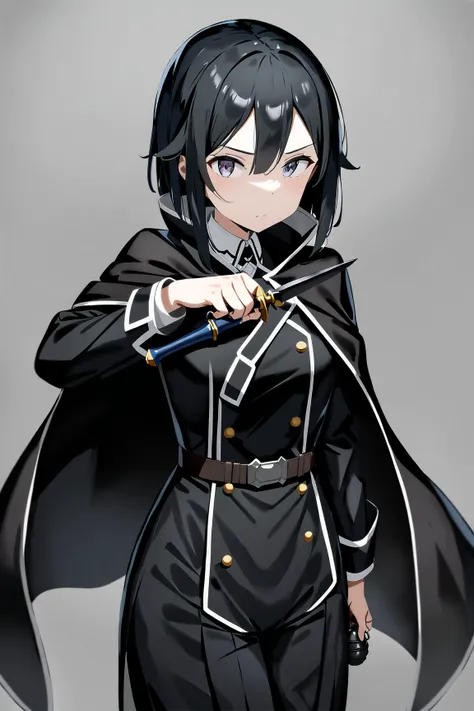 1 girl， Sword Art Online， long black hair ，Aho， black hem split trench coat，black short cape，white collar，Black trousers，Standing，Aho，belt grenade，Holding a knights long gun in his left hand，Look at the camera，Holding a dagger in the right hand ，Watching t...