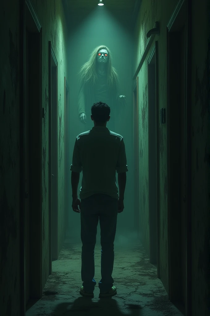 Prompt: A narrow, dark hallway inside the haunted mansion, filled with deep shadows. Ravi stands in the middle, suddenly feeling a cold breath on the back of his neck. In the background, a faint, ghostly figure can be seen with long, disheveled hair, glowi...