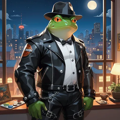 Closeup, An extremely badass anthropomorphic light blue and white bullfrog wearing an insanely cool black leather Harley Davidson biker jacket open, black fedora, black leather biker gloves, black leather biker pants arms crossed in an apartment in a moder...