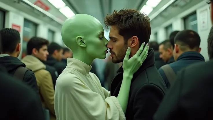 a sexy pale-green alien girl and a man are sitting in a white train. aliens girls hand at the cheeks of man. train is full of people.