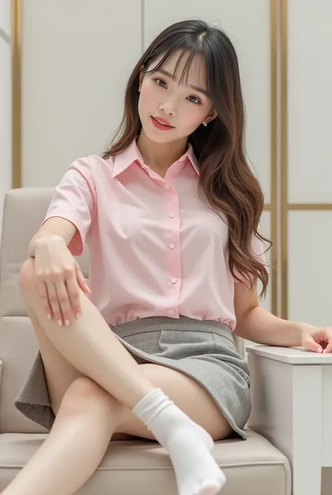 
（ photorealism ：1.2）、23 year old Japanese model ；Thick legs、Female bank employee in uniform、23-year-old beauty、Business Uniform、 bending one leg on the office desk 、 BED DOWN AND EXTENT YOUR LEGS 。 I wear white socks with no fingertips visible all over。Th...