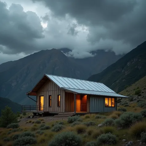 Create a rustic house with aluzinc TR4 structures and aluzinc tr4 ,  roof the house must be with an Andean and remote landscape with a thunderstorm where aluzinc tr4 must highlight the aluzinc tr4