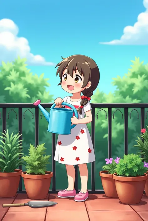 In this scene, the  stands next to the plant pots on the terrace, holding a blue watering can in her hands. She is wearing a white dress with red flower patterns and pink shoes, and her hair is tied in a side braid with a red bow. She has a focused yet joy...