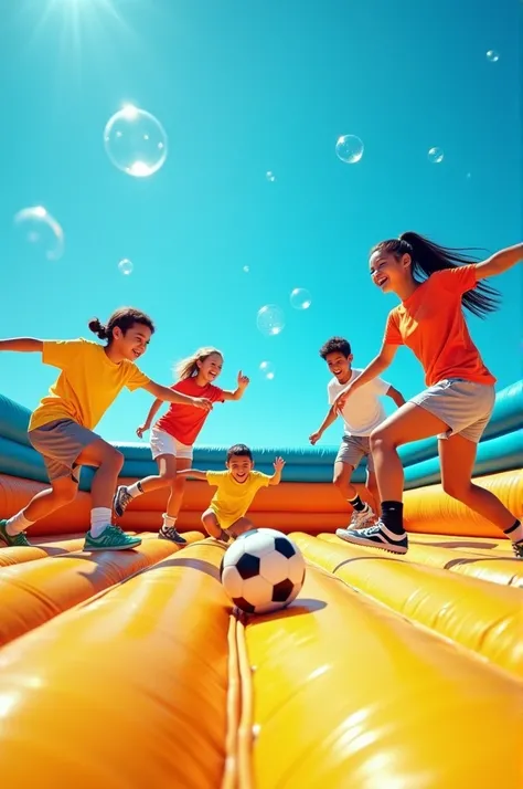  make a cover for Instagram stories , Like the title in Portuguese  "Soap Soccer".  It must contain a soccer court in the shape of an inflatable toy and young people playing. The day should be sunny with 14-18 year olds and should have soap bubbles