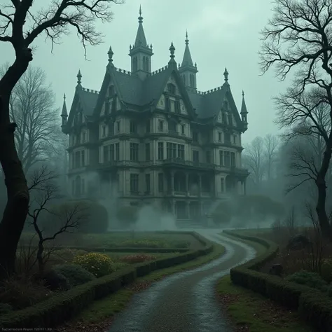 Very large gloomy mansion with many rooms and a large garden 