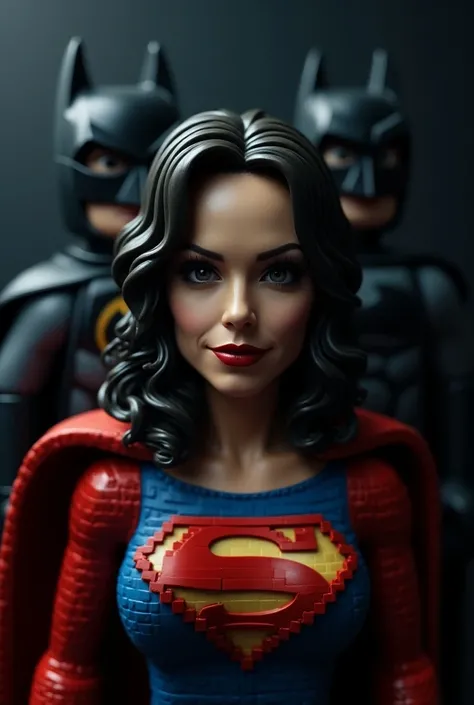 Superman and Batman in lego art, nightRAW photo, masterpiece ((Immoral_Lana1, daval3d )) 50years old woman, (detailed facial features), ((detailed face)), selfie INFO, fat