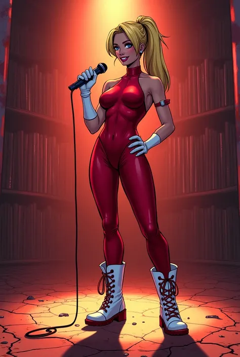 Comic book style image of  "Daisy stands in the heart of the Inferno Arena, an underground, gritty battleground known for its raw, unforgiving energy. The dim, flickering neon lights cast a fiery glow across the industrial steel walls, creating shadows tha...