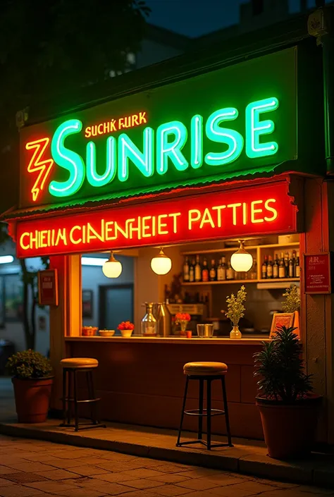 Bar sign called  "sunrise " with larger letters the title in green and yellow colors promoting the sale of lhemenyu and chicken and meat patties