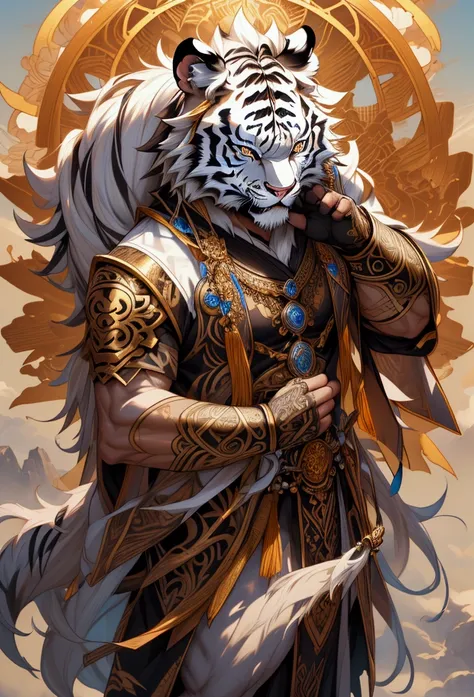 Anthropomorphic white tiger warrior, anthropomorphic white tiger, white tiger, muscular physique, black stripes, hairy body, fur texture, furry body, fierce yet calm expression, Detailed eyes, bright eyes, gold eyes, black pupils, traditional warrior attir...