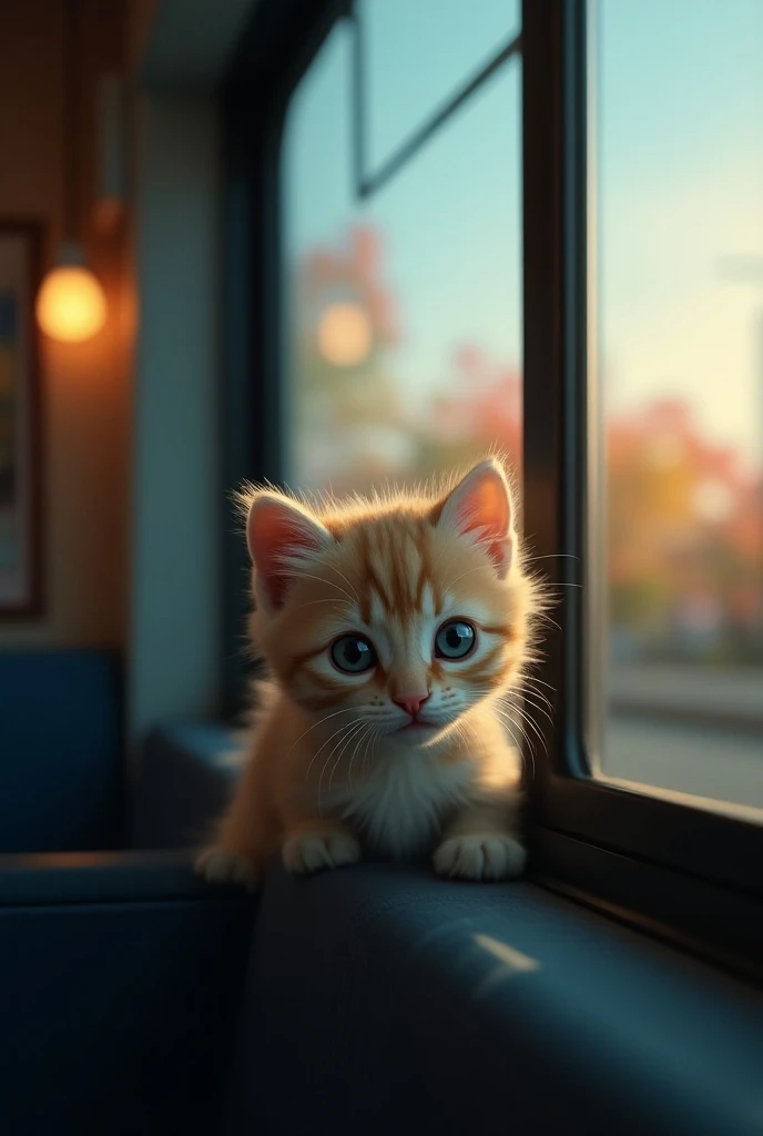 Kitten peeking out of the bus window