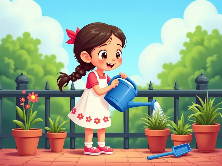 In this scene, the  stands next to the plant pots on the terrace, holding a blue watering can in her hands. She is wearing a white dress with red flower patterns and pink shoes, and her hair is tied in a side braid with a red bow. She has a focused yet joy...