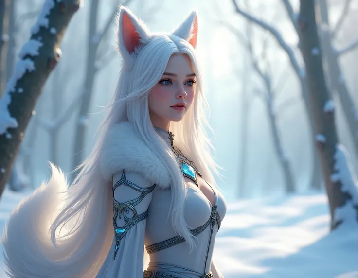 "Please, Draw a pretty female character with furry wolf ears and tail.  She must have long white hair ,  with a soft expression .  The ears and tail are white and fluffy ,  like those of a wolf .  She wears fantasy-style clothing with silver and light blue...