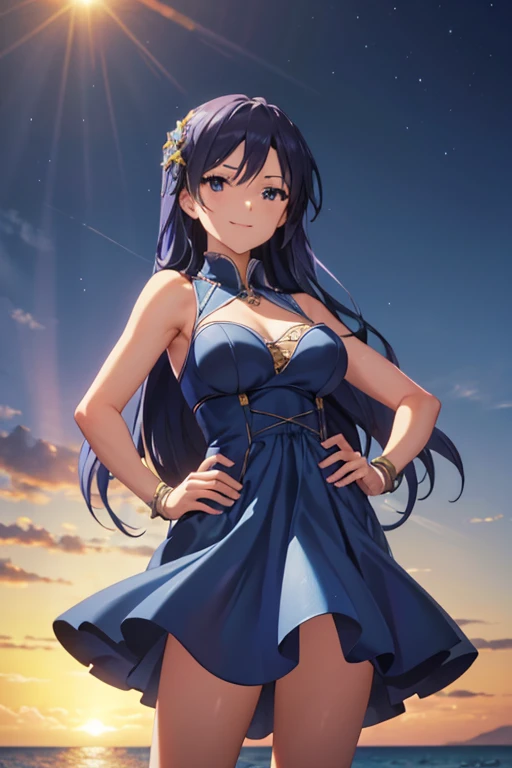  place your hands on your hips no 、shiny blue hair ,  long hair, (Sparkling Eyes, fine grain)、smile、 super detailed eyes 、 several people having fun with each other while having very detailed な顔,  several people having fun with each other while having very...