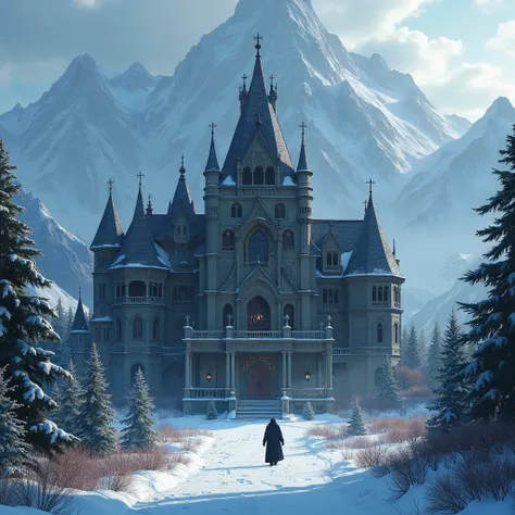 Beautiful but scary mansion ,  very large with snowy mountains in the background and a large bookstore inside 